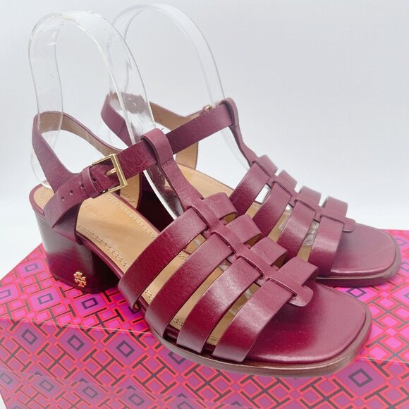 TORY BURCH FISHERMAN BLOCK HEEL SANDALS Claret Red Leather Womens US 6.5 - Picture 2 of 10